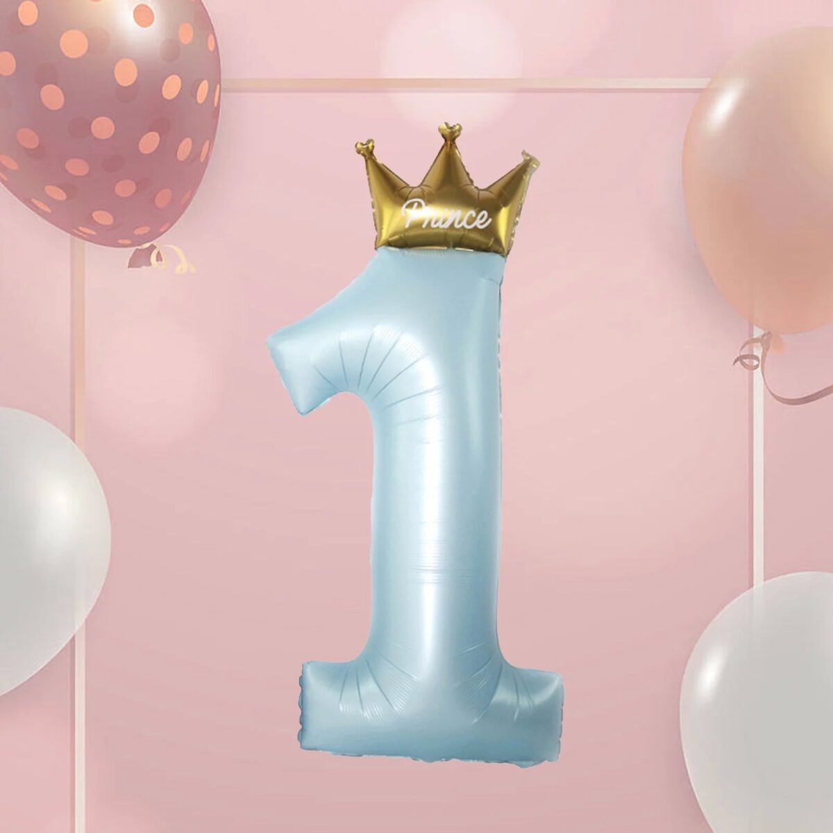Balon din Folie Metalizata, Embo, Figurina Cifra 1, Model Coroana Print, 91 cm, Ambalaj Individual, Pai inclus, Umflare cu Aer sau Heliu, Albastru - imagine 3