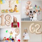 Balon din Folie Metalizata, Embo, Figurina Cifra, Model 9, Tema Aniversare 100 cm, Ambalaj Individual, Pai Inclus, Umflare cu Aer sau Heliu, Crem - imagine 5