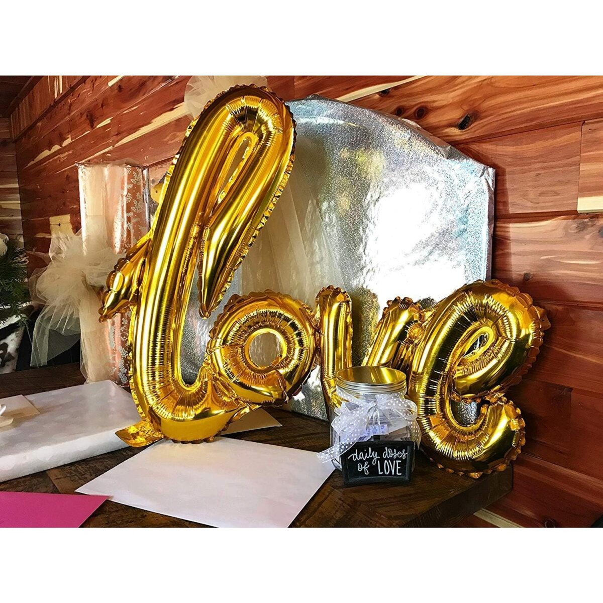 Balon din Folie Metalizata, Embo, Model Love scris de mana, 102x65 cm, Tematica Ziua Îndrăgostiților, Ambalaj Individual, Pai Inclus, Umflare cu Aer sau Heliu, Auriu - imagine 4