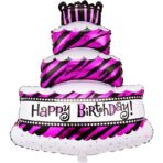 Balon din Folie Metalizata, Embo, Model Tort cu 4 Straturi, Balon Aniversar, Model Happy Birthday, 62x43 cm, Ambalaj Individual, Pai inclus, Umflare cu Aer sau Heliu, Mov