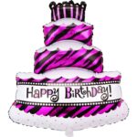 Balon din Folie Metalizata, Embo, Model Tort cu 4 Straturi, Balon Aniversar, Model Happy Birthday, 62x43 cm, Ambalaj Individual, Pai inclus, Umflare cu Aer sau Heliu, Mov