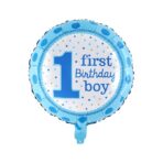 Balon din Folie Metalizata, Embo, Prima Aniversare, Model First Birthday Boy, 45 cm, Ambalaj Individual, Pai Inclus, Umflare cu Aer sau Heliu, Albastru