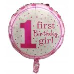 Balon din Folie Metalizata, Embo, Prima Aniversare, Model First Birthday Girl, 45 cm, Ambalaj Individual, Pai Inclus, Umflare cu Aer sau Heliu, Roz - imagine 2
