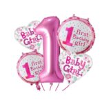 Balon din Folie Metalizata, Embo, Prima Aniversare, Model First Birthday Girl, 45 cm, Ambalaj Individual, Pai Inclus, Umflare cu Aer sau Heliu, Roz - imagine 3