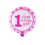 Balon din Folie Metalizata, Embo, Prima Aniversare, Model First Birthday Girl, 45 cm, Ambalaj Individual, Pai Inclus, Umflare cu Aer sau Heliu, Roz