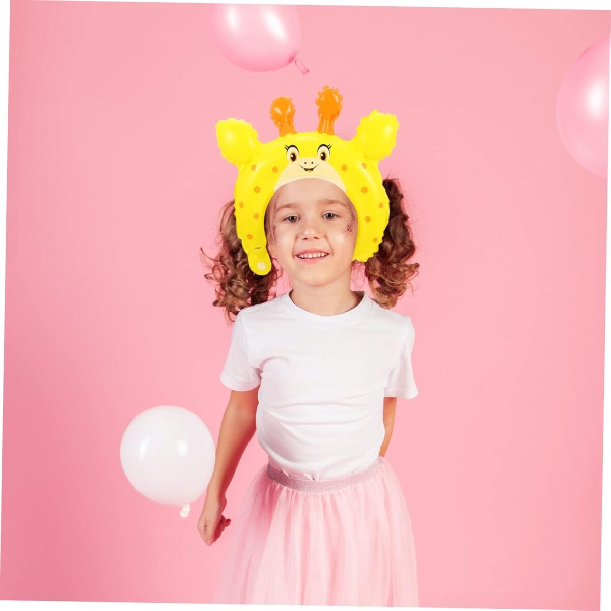 Balon din Folie Metalizata, Embo, Tip Coronita cu Urechi, Model Girafa, Ambalaj Individual, Pai Inclus, Umflare cu Aer sau Heliu, 28 x 31 cm, Galben - imagine 3