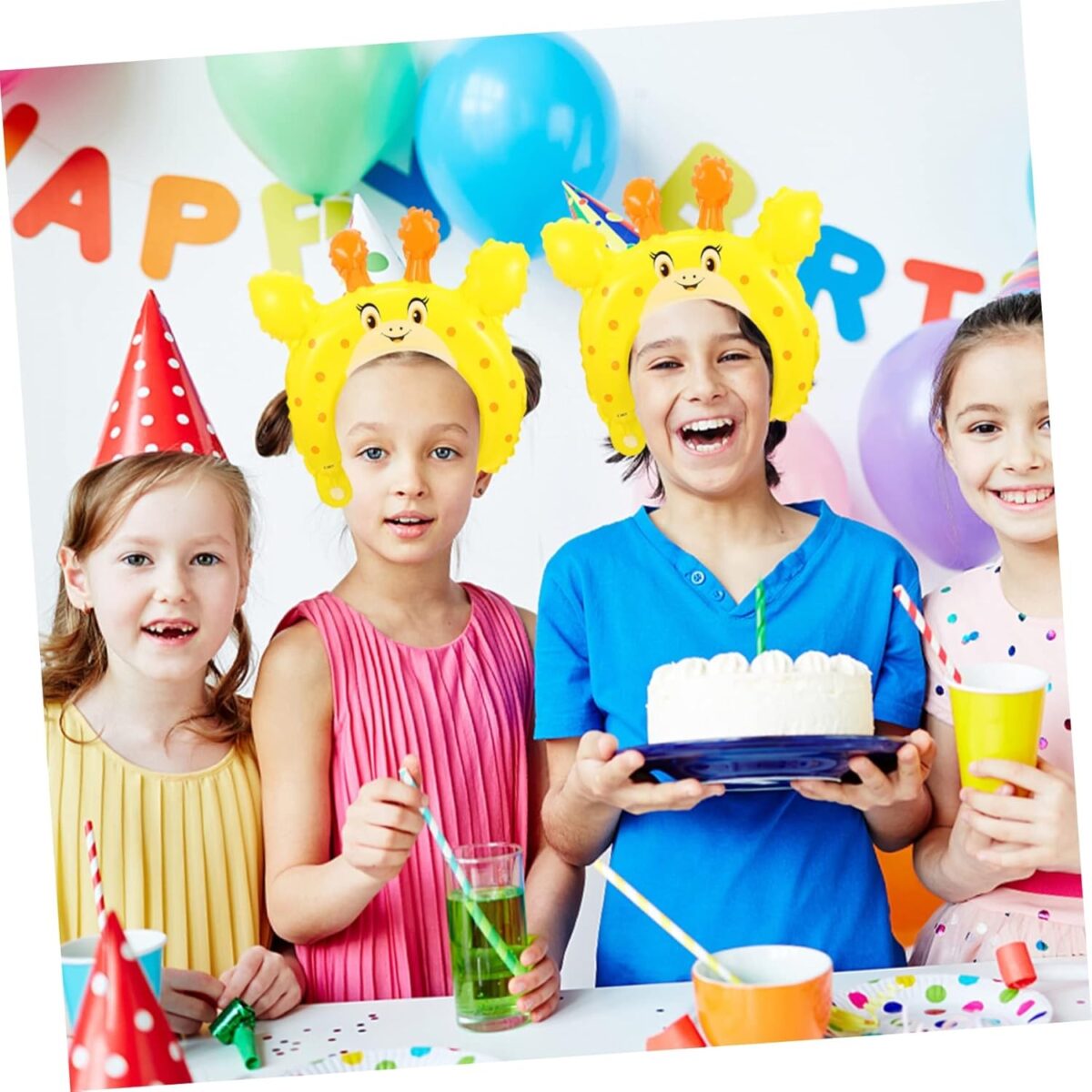 Balon din Folie Metalizata, Embo, Tip Coronita cu Urechi, Model Girafa, Ambalaj Individual, Pai Inclus, Umflare cu Aer sau Heliu, 28 x 31 cm, Galben - imagine 4