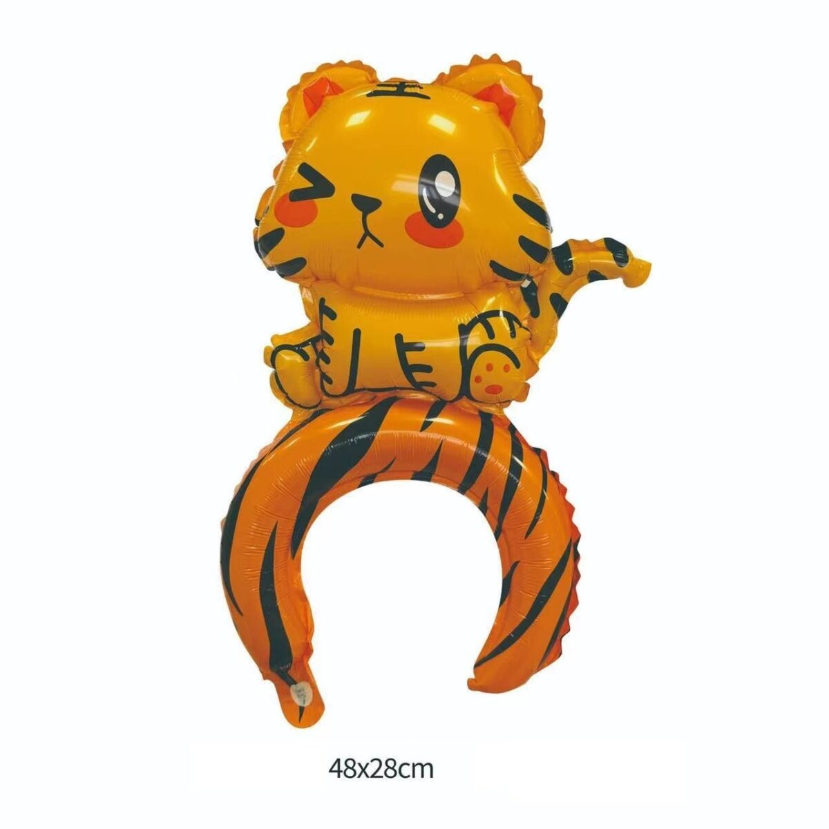 Balon din Folie Metalizata, Embo, Tip Coronita, Model Tigru, Ambalaj Individual, Pai Inclus, Umflare cu Aer sau Heliu, 48 x 28 cm, Portocaliu - imagine 2