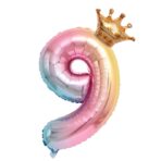 Balon din Folie Metalizata, Embo, Figurina Cifra Gradient, Tema Aniversare 80 cm, Ambalaj Individual, Pai inclus, Umflare cu Aer sau Heliu, Coronita, Cifra 9