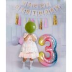 Balon din Folie Metalizata Gradient Embo, Figurina Cifra, Tema Aniversare 100 cm, Ambalaj Individual, Pai inclus, Umflare cu Aer sau Heliu, Multicolor, Cifra 3 - imagine 3