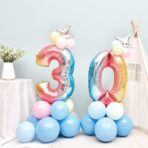 Balon din Folie Metalizata Gradient Embo, Figurina Cifra, Tema Aniversare 100 cm, Ambalaj Individual, Pai inclus, Umflare cu Aer sau Heliu, Multicolor, Cifra 3 - imagine 7