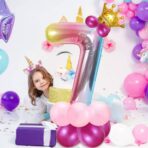 Balon din Folie Metalizata Gradient Embo, Figurina Cifra, Tema Aniversare 100 cm, Ambalaj Individual, Pai inclus, Umflare cu Aer sau Heliu, Multicolor, Cifra 7 - imagine 5