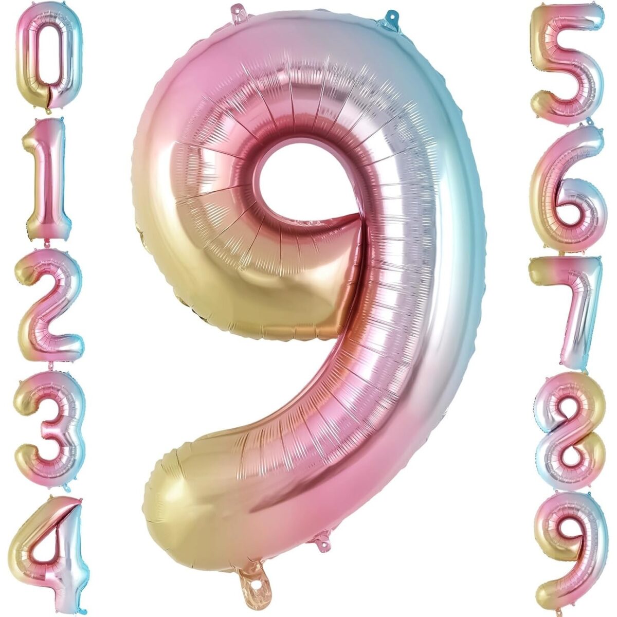 Balon din Folie Metalizata Gradient Embo, Figurina Cifra, Tema Aniversare 100 cm, Ambalaj Individual, Pai inclus, Umflare cu Aer sau Heliu, Multicolor, Cifra 9 - imagine 2