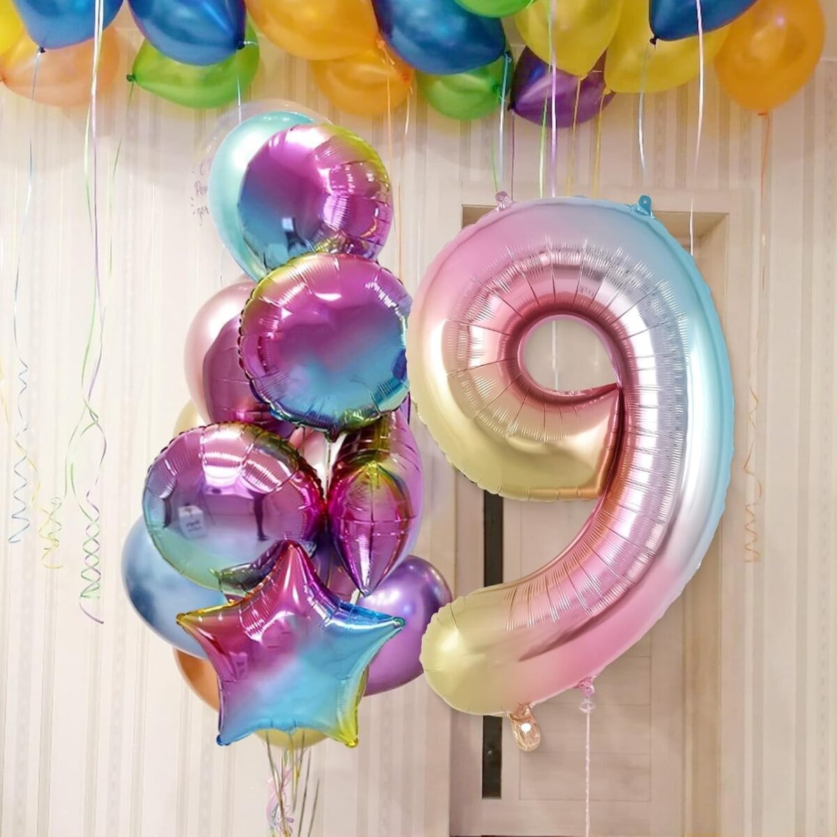 Balon din Folie Metalizata Gradient Embo, Figurina Cifra, Tema Aniversare 100 cm, Ambalaj Individual, Pai inclus, Umflare cu Aer sau Heliu, Multicolor, Cifra 9 - imagine 3
