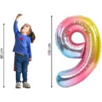 Balon din Folie Metalizata Gradient Embo, Figurina Cifra, Tema Aniversare 100 cm, Ambalaj Individual, Pai inclus, Umflare cu Aer sau Heliu, Multicolor, Cifra 9 - imagine 7