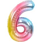 Balon din Folie Metalizata Gradient Embo, Figurina Cifra, Tema Aniversare 100 cm, Ambalaj Individual, Pai inclus, Umflare cu Aer sau Heliu, Multicolor, Cifra 6