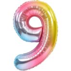 Balon din Folie Metalizata Gradient Embo, Figurina Cifra, Tema Aniversare 100 cm, Ambalaj Individual, Pai inclus, Umflare cu Aer sau Heliu, Multicolor, Cifra 9