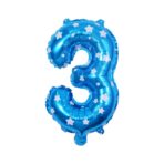 Balon din Folie Metalizata Embo, Figurina Cifra, Imprimeu Stele, Tema Aniversare 80 cm, Ambalaj Individual, Pai inclus, Umflare cu Aer sau Heliu, Albastru, Cifra 3