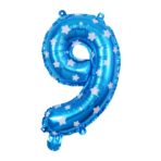 Balon din Folie Metalizata Embo, Figurina Cifra, Imprimeu Stele, Tema Aniversare 80 cm, Ambalaj Individual, Pai inclus, Umflare cu Aer sau Heliu, Albastru, Cifra 9