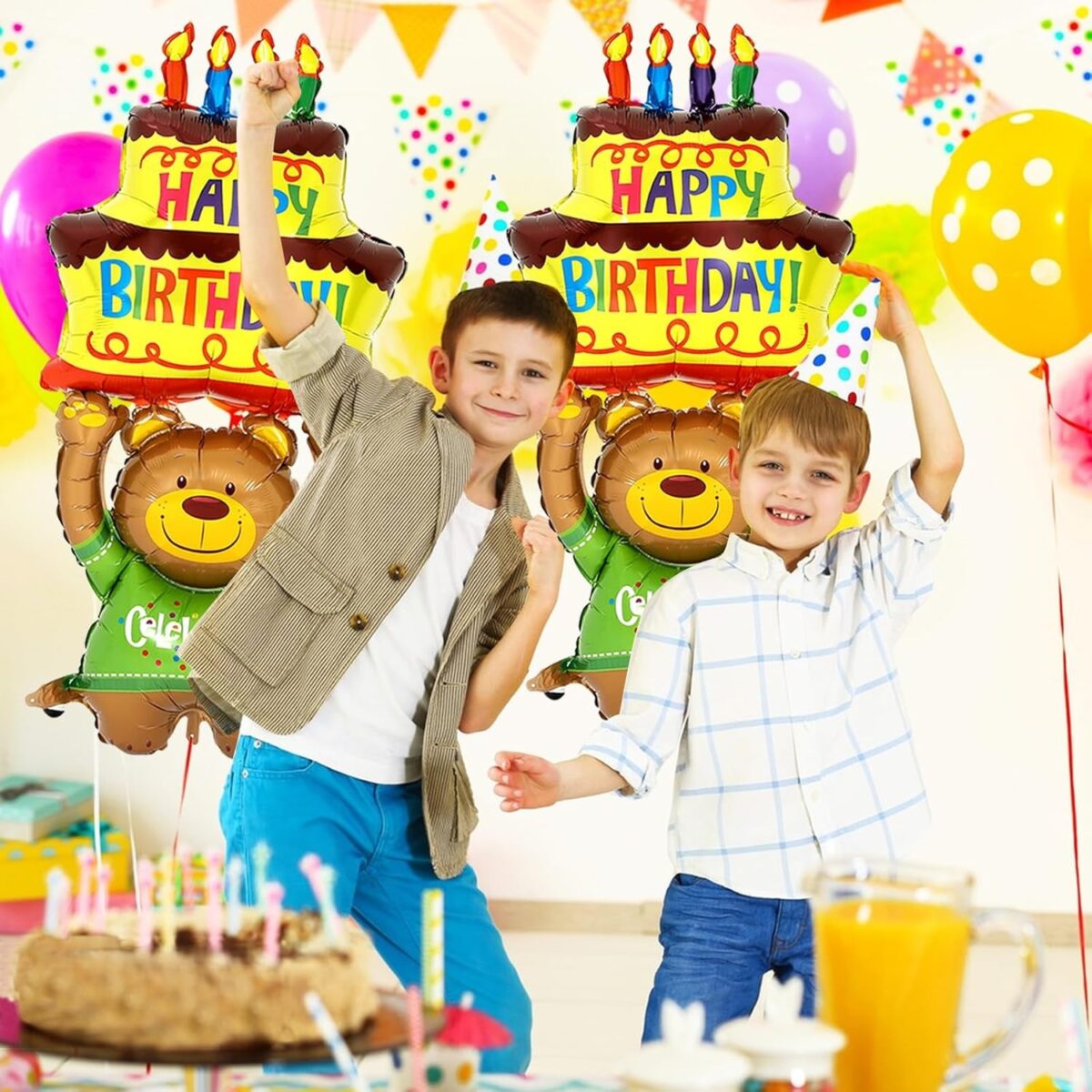 Balon din Folie Metalizata, Embo, Figurine Animalute, Model Ursulet cu Tort Aniversar, 124x65 cm, Ambalaj Individual, Pai Inclus, Umflare cu Aer sau Heliu, Multicolor - imagine 2