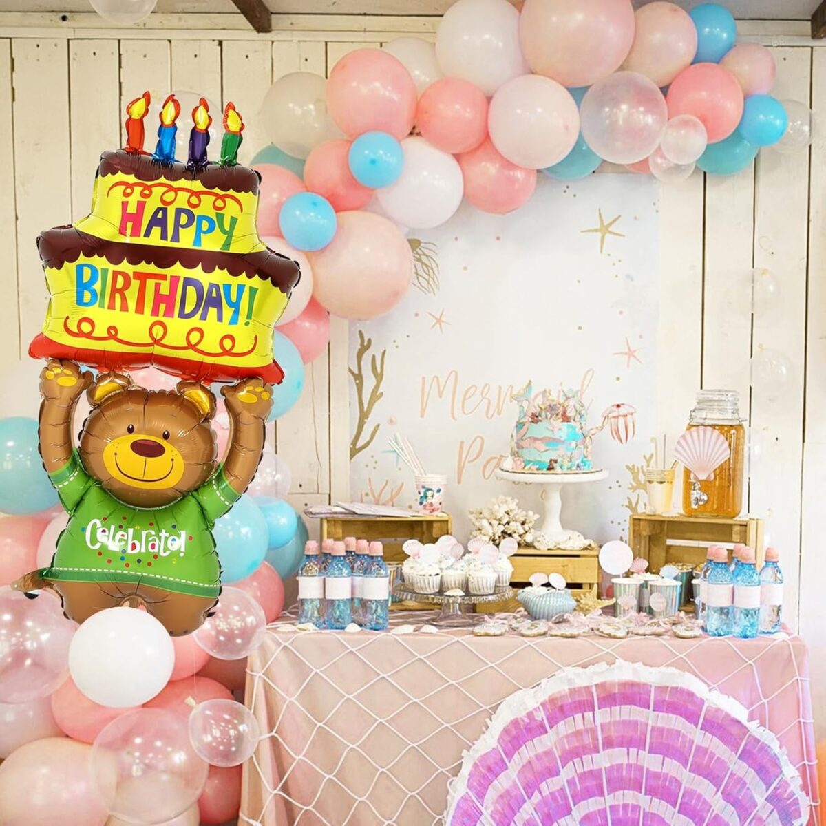 Balon din Folie Metalizata, Embo, Figurine Animalute, Model Ursulet cu Tort Aniversar, 124x65 cm, Ambalaj Individual, Pai Inclus, Umflare cu Aer sau Heliu, Multicolor - imagine 4