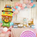 Balon din Folie Metalizata, Embo, Figurine Animalute, Model Ursulet cu Tort Aniversar, 124x65 cm, Ambalaj Individual, Pai Inclus, Umflare cu Aer sau Heliu, Multicolor - imagine 4