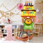 Balon din Folie Metalizata, Embo, Figurine Animalute, Model Ursulet cu Tort Aniversar, 124x65 cm, Ambalaj Individual, Pai Inclus, Umflare cu Aer sau Heliu, Multicolor - imagine 6