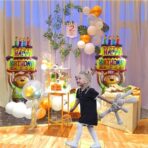 Balon din Folie Metalizata, Embo, Figurine Animalute, Model Ursulet cu Tort Aniversar, 124x65 cm, Ambalaj Individual, Pai Inclus, Umflare cu Aer sau Heliu, Multicolor - imagine 11