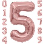 Balon din Folie Metalizata Embo, Figurina Cifra, Tema Aniversare 100 cm, Ambalaj Individual, Pai inclus, Umflare cu Aer sau Heliu, Coral, Rose, Cifra 5 - imagine 4
