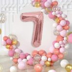 Balon din Folie Metalizata Embo, Figurina Cifra, Tema Aniversare 100 cm, Ambalaj Individual, Pai inclus, Umflare cu Aer sau Heliu, Coral, Rose, Cifra 7 - imagine 6