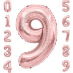 Balon din Folie Metalizata Embo, Figurina Cifra, Tema Aniversare 100 cm, Ambalaj Individual, Pai inclus, Umflare cu Aer sau Heliu, Coral, Rose Gold, Cifra 9 - imagine 4