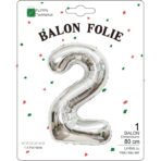 Balon din Folie Metalizata, Embo, Figurina Cifra, Tema Aniversare 80 cm, Ambalaj Individual, Pai inclus, Umflare cu Aer sau Heliu, Argintiu, Cifra 2 - imagine 2