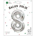 Balon din Folie Metalizata, Embo, Figurina Cifra, Tema Aniversare 80 cm, Ambalaj Individual, Pai inclus, Umflare cu Aer sau Heliu, Argintiu, Cifra 8 - imagine 2