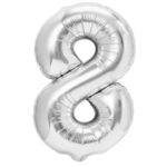 Balon din Folie Metalizata, Embo, Figurina Cifra, Tema Aniversare 80 cm, Ambalaj Individual, Pai inclus, Umflare cu Aer sau Heliu, Argintiu, Cifra 8
