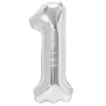 Balon din Folie Metalizata, Embo, Figurina Cifra, Tema Aniversare 80 cm, Ambalaj Individual, Pai inclus, Umflare cu Aer sau Heliu, Argintiu, Cifra 1
