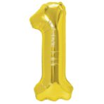Balon din Folie Metalizata Embo, Figurina Cifra, Tema Aniversare 80 cm, Ambalaj Individual, Pai inclus, Umflare cu Aer sau Heliu, Auriu, Cifra 1