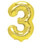 Balon din Folie Metalizata Embo, Figurina Cifra, Tema Aniversare 40 cm, Ambalaj Individual, Pai inclus, Umflare cu Aer sau Heliu, Auriu, Cifra 3