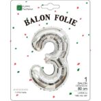 Balon din Folie Metalizata, Embo, Figurina Cifra, Tema Aniversare 80 cm, Ambalaj Individual, Pai inclus, Umflare cu Aer sau Heliu, Argintiu, Cifra 3 - imagine 2