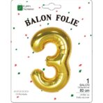 Balon din Folie Metalizata Embo, Figurina Cifra, Tema Aniversare 80 cm, Ambalaj Individual, Pai inclus, Umflare cu Aer sau Heliu, Auriu, Cifra 3 - imagine 2