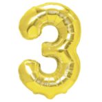 Balon din Folie Metalizata Embo, Figurina Cifra, Tema Aniversare 80 cm, Ambalaj Individual, Pai inclus, Umflare cu Aer sau Heliu, Auriu, Cifra 3