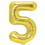 Balon din Folie Metalizata Embo, Figurina Cifra, Tema Aniversare 40 cm, Ambalaj Individual, Pai inclus, Umflare cu Aer sau Heliu, Auriu, Cifra 5