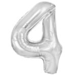 Balon din Folie Metalizata, Embo, Figurina Cifra, Tema Aniversare 80 cm, Ambalaj Individual, Pai inclus, Umflare cu Aer sau Heliu, Argintiu, Cifra 4