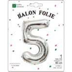 Balon din Folie Metalizata, Embo, Figurina Cifra, Tema Aniversare 80 cm, Ambalaj Individual, Pai inclus, Umflare cu Aer sau Heliu, Argintiu, Cifra 5 - imagine 2