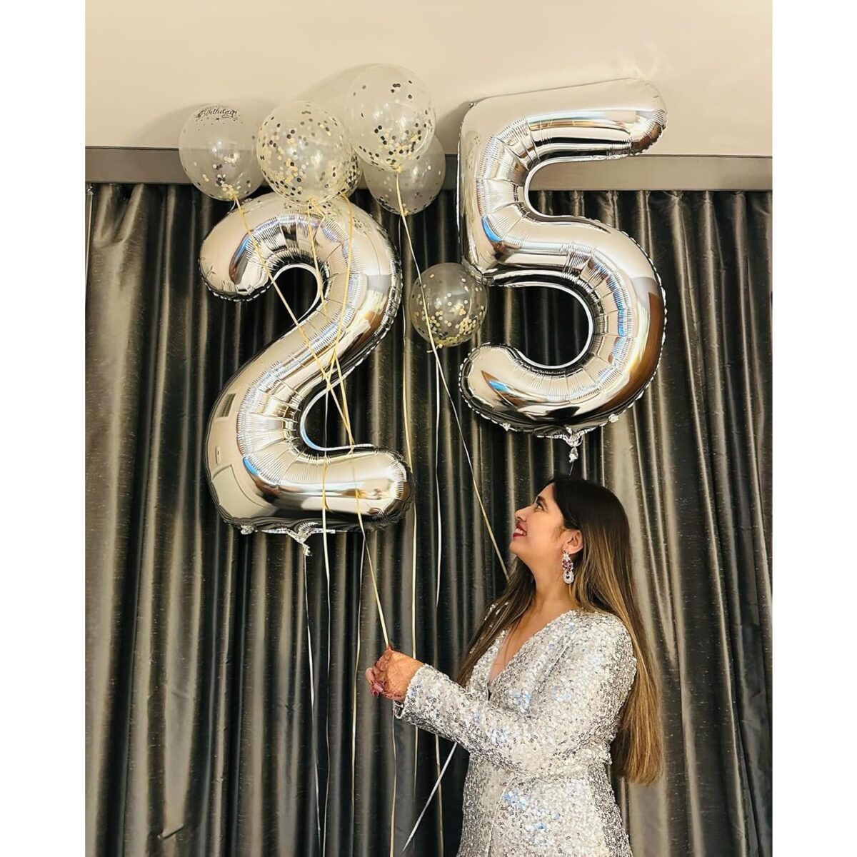 Balon din Folie Metalizata, Embo, Figurina Cifra, Tema Aniversare 80 cm, Ambalaj Individual, Pai inclus, Umflare cu Aer sau Heliu, Argintiu, Cifra 5 - imagine 5