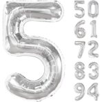 Balon din Folie Metalizata, Embo, Figurina Cifra, Tema Aniversare 80 cm, Ambalaj Individual, Pai inclus, Umflare cu Aer sau Heliu, Argintiu, Cifra 5 - imagine 9