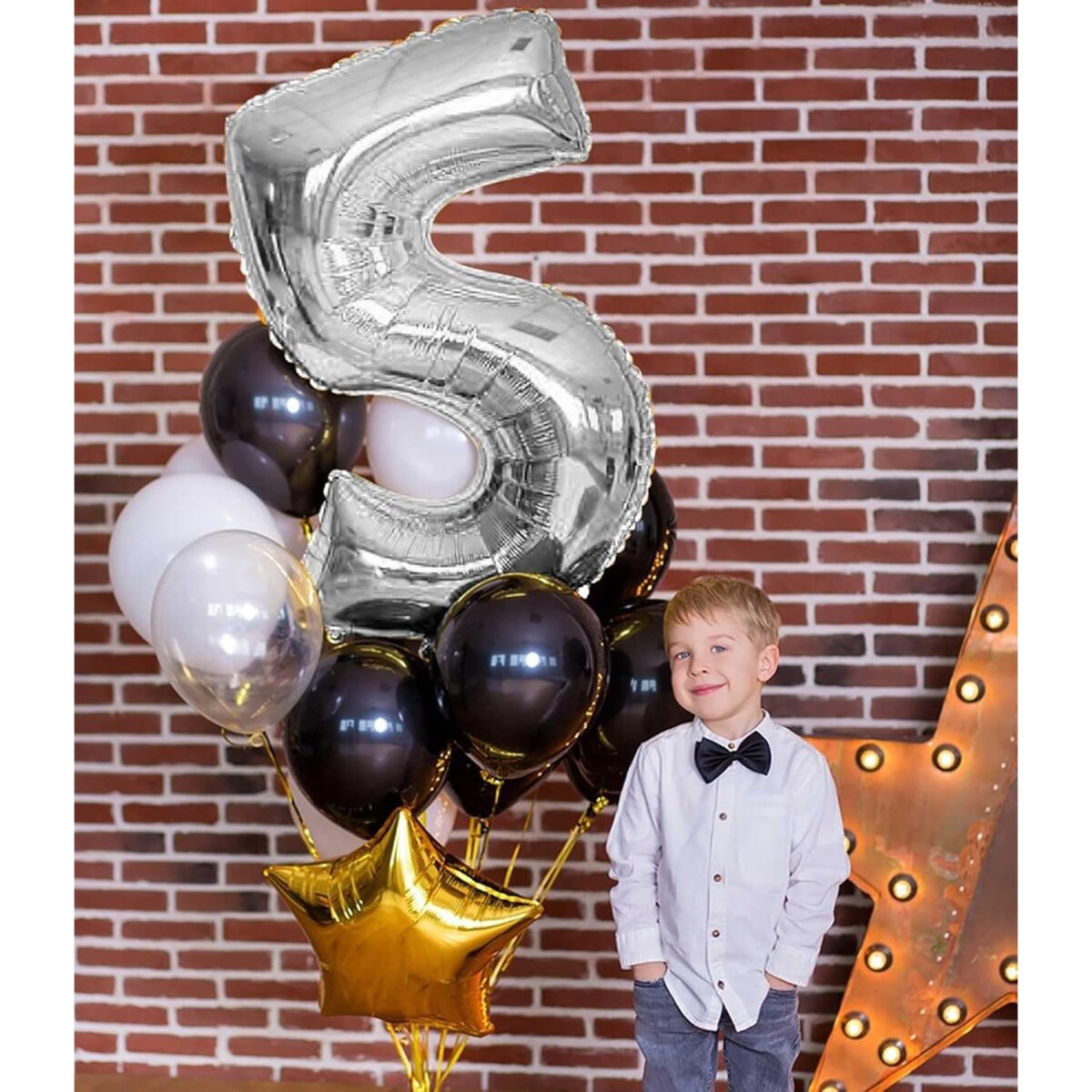 Balon din Folie Metalizata, Embo, Figurina Cifra, Tema Aniversare 80 cm, Ambalaj Individual, Pai inclus, Umflare cu Aer sau Heliu, Argintiu, Cifra 5 - imagine 11