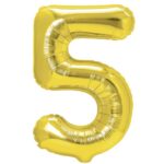 Balon din Folie Metalizata Embo, Figurina Cifra, Tema Aniversare 80 cm, Ambalaj Individual, Pai inclus, Umflare cu Aer sau Heliu, Auriu, Cifra 5