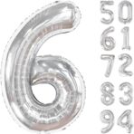 Balon din Folie Metalizata, Embo, Figurina Cifra, Tema Aniversare 80 cm, Ambalaj Individual, Pai inclus, Umflare cu Aer sau Heliu, Argintiu, Cifra 6 - imagine 9