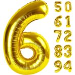 Balon din Folie Metalizata Embo, Figurina Cifra, Tema Aniversare 80 cm, Ambalaj Individual, Pai inclus, Umflare cu Aer sau Heliu, Auriu, Cifra 6 - imagine 7