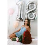 Balon din Folie Metalizata, Embo, Figurina Cifra, Tema Aniversare 80 cm, Ambalaj Individual, Pai inclus, Umflare cu Aer sau Heliu, Argintiu, Cifra 8 - imagine 5